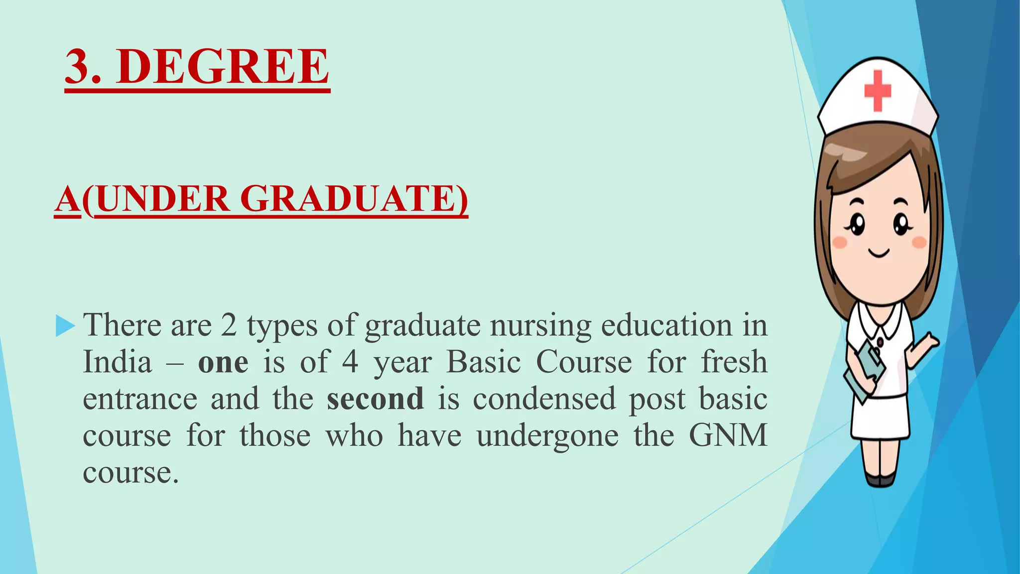 3. DEGREE
A(UNDER GRADUATE)
 There are 2 types of graduate nursing education in
India – one is of 4 year Basic Course for fresh
entrance and the second is condensed post basic
course for those who have undergone the GNM
course.
 