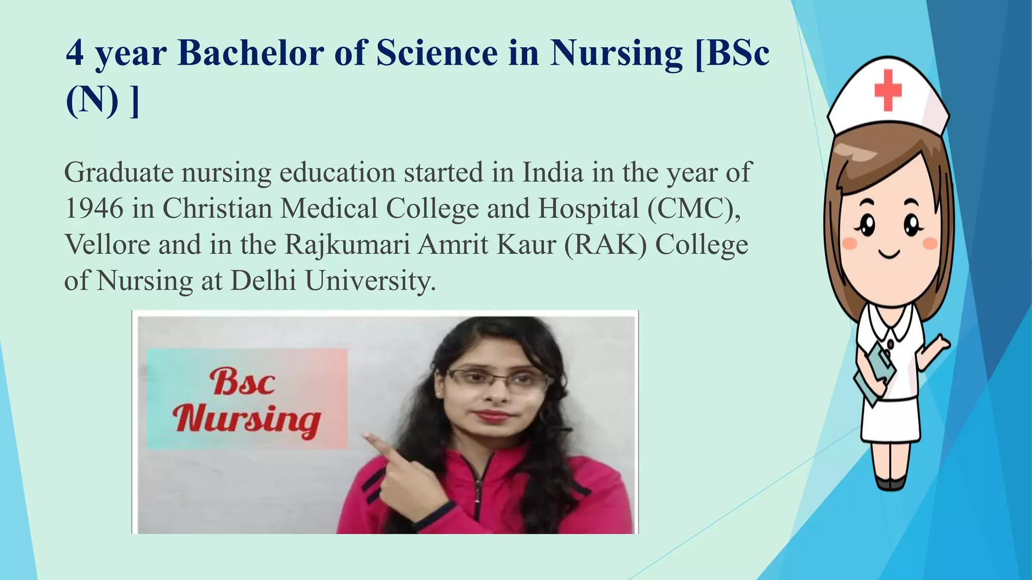 4 year Bachelor of Science in Nursing [BSc
(N) ]
Graduate nursing education started in India in the year of
1946 in Christian Medical College and Hospital (CMC),
Vellore and in the Rajkumari Amrit Kaur (RAK) College
of Nursing at Delhi University.
 