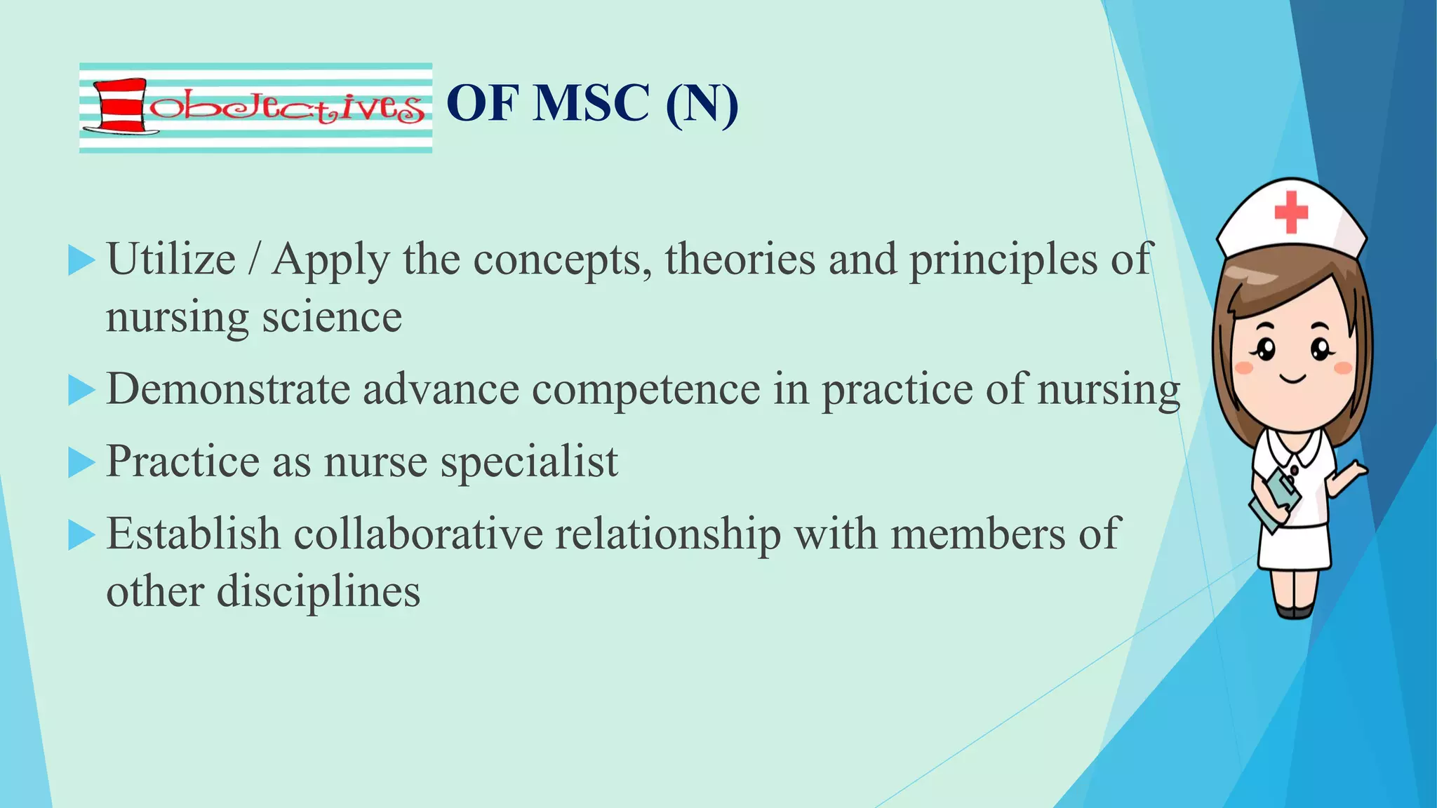OBJECTIVES OF MSC (N)
 Utilize / Apply the concepts, theories and principles of
nursing science
 Demonstrate advance competence in practice of nursing
 Practice as nurse specialist
 Establish collaborative relationship with members of
other disciplines
 