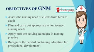 OBJECTIVES OF GNM
 Assess the nursing need of clients from birth to
death
 Plan and carry out appropriate action to meet
nursing needs
 Apply problem solving technique in nursing
practice
 Recognize the need of continuing education for
professional development
 