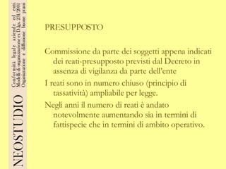 PRESUPPOSTO Commissione da parte dei soggetti appena indicati dei reati-presupposto previsti dal Decreto in assenza di vigilanza da parte dell’ente I reati sono in numero chiuso (principio di tassatività) ampliabile per legge. Negli anni il numero di reati è andato notevolmente aumentando sia in termini di fattispecie che in termini di ambito operativo. 