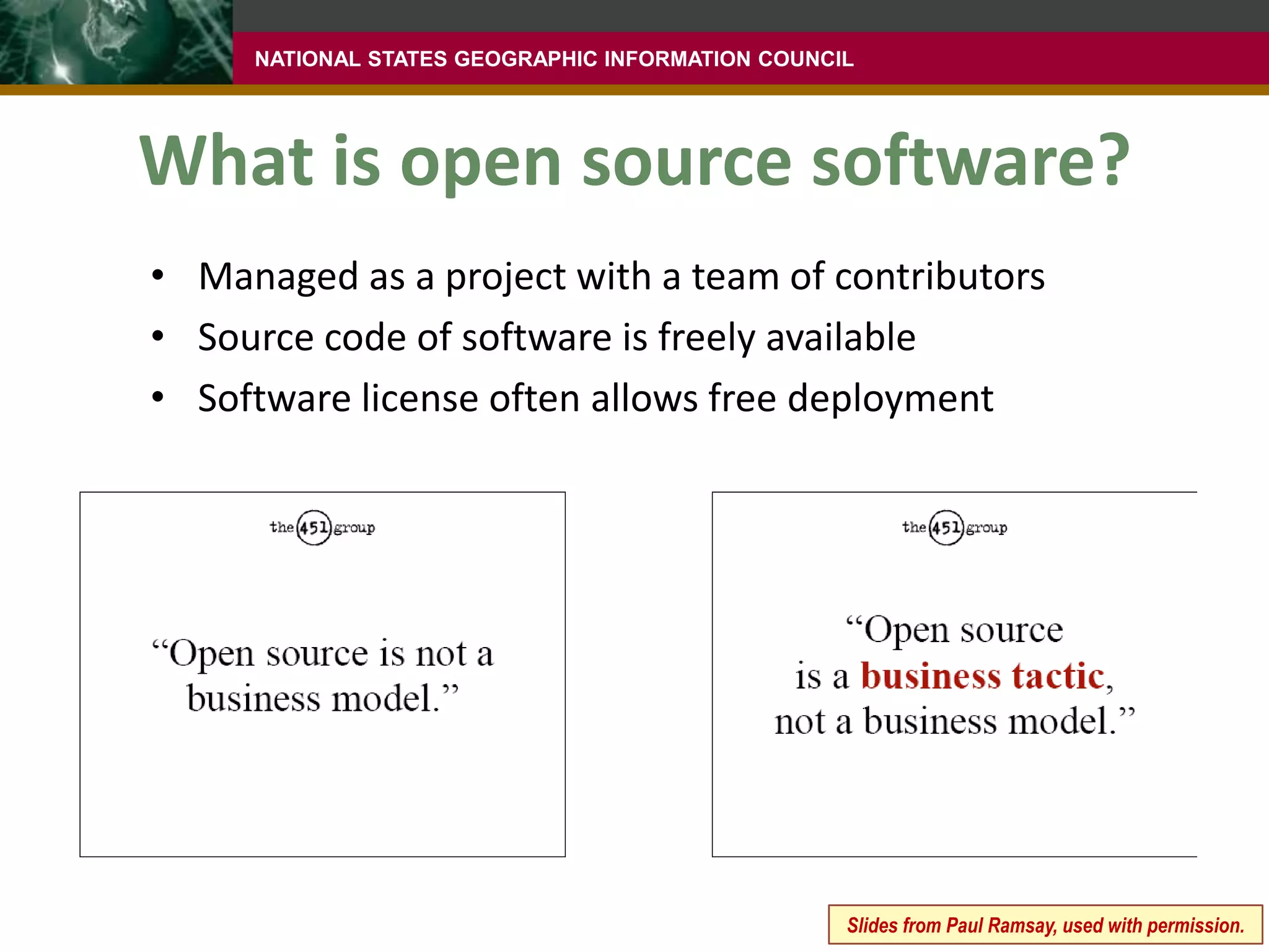 What some states are doingWe’re number 2?Directions podcast from 1/31/11 posed the question“Podcast: Are Esri and Open Source Solutions the Only Options?”AdenaSchutzberg & Joe Francica discussed state of the market in response to a reader’s commentThere is increased maturity of the tools