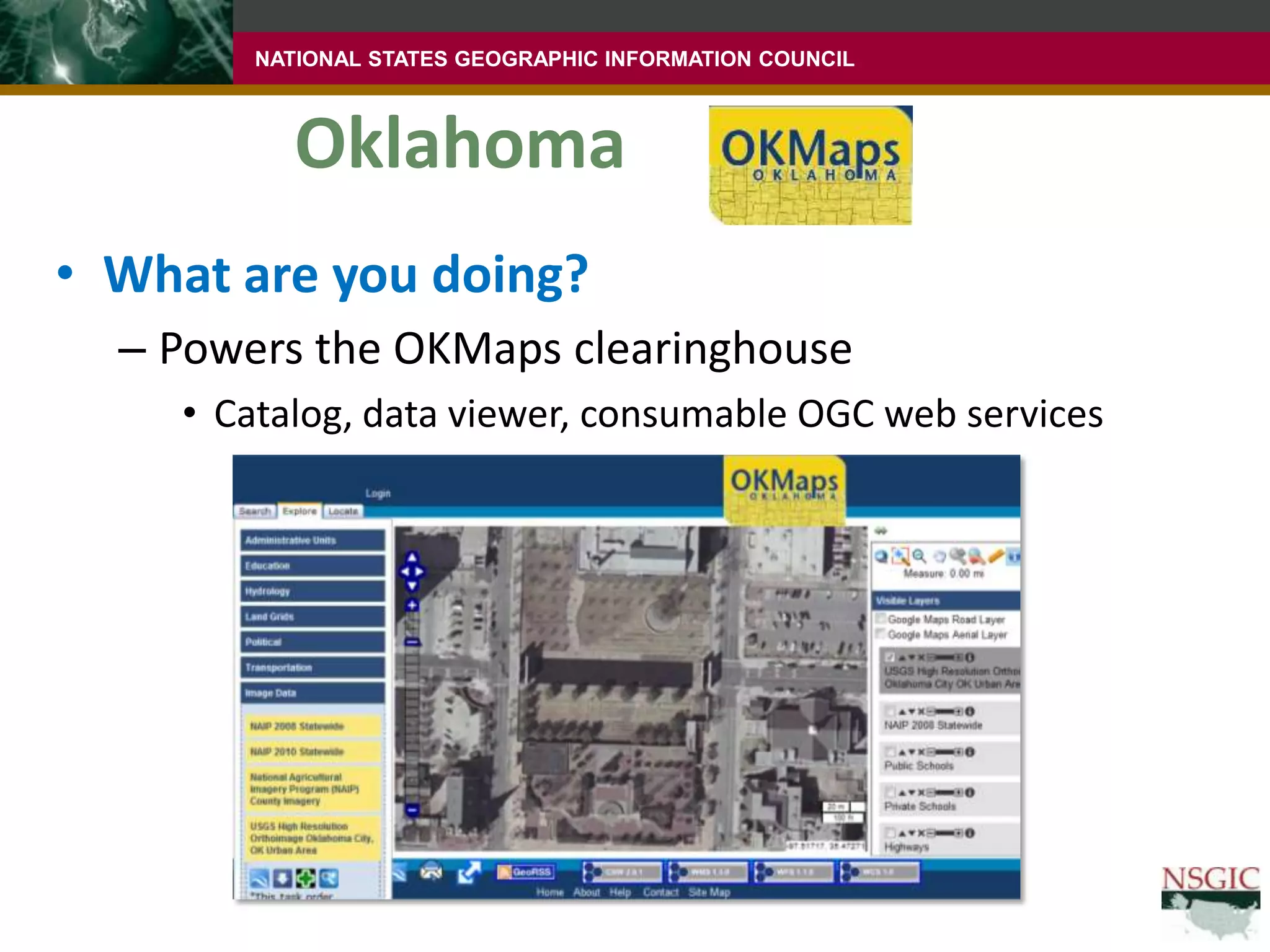 MassachusettsWhat are you doing?Powers OGC compliant web servicesIncluding consumable public services consistent with state’s overall services oriented architectureConsumed by wide variety of public and agency applicationsIncluding Oliver & Morris, public facing viewers