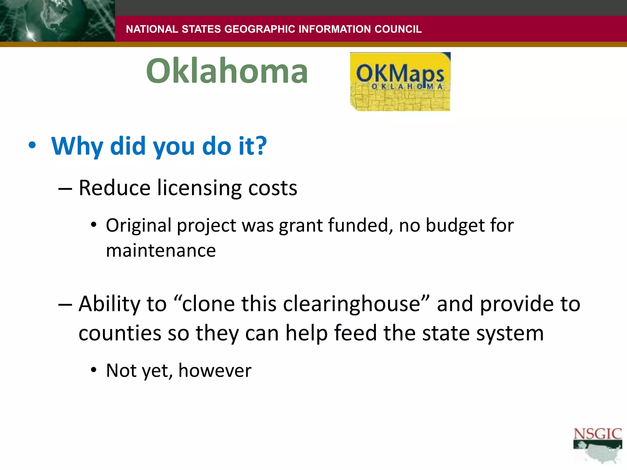MassachusettsWhy did you do it?Adopted OGC API over 10 years agoIn 2001, ArcIMS was not up to task of affordably publishing 100+ OGC compliant map servicesHave viewed OSS as a supplement, not a replacement for Esri technology