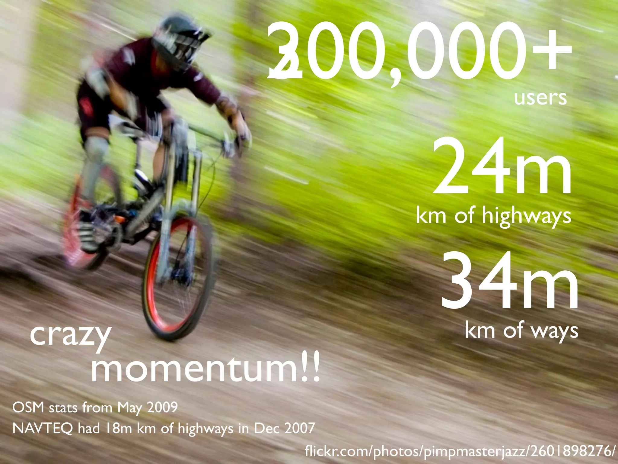 200,000+
                                  300,000+                          users


                                       24m             km of highways



  crazy
                                       34m                    km of ways
          momentum!!
OSM stats from May 2009
NAVTEQ had 18m km of highways in Dec 2007
                                        ﬂickr.com/photos/pimpmasterjazz/2601898276/
 