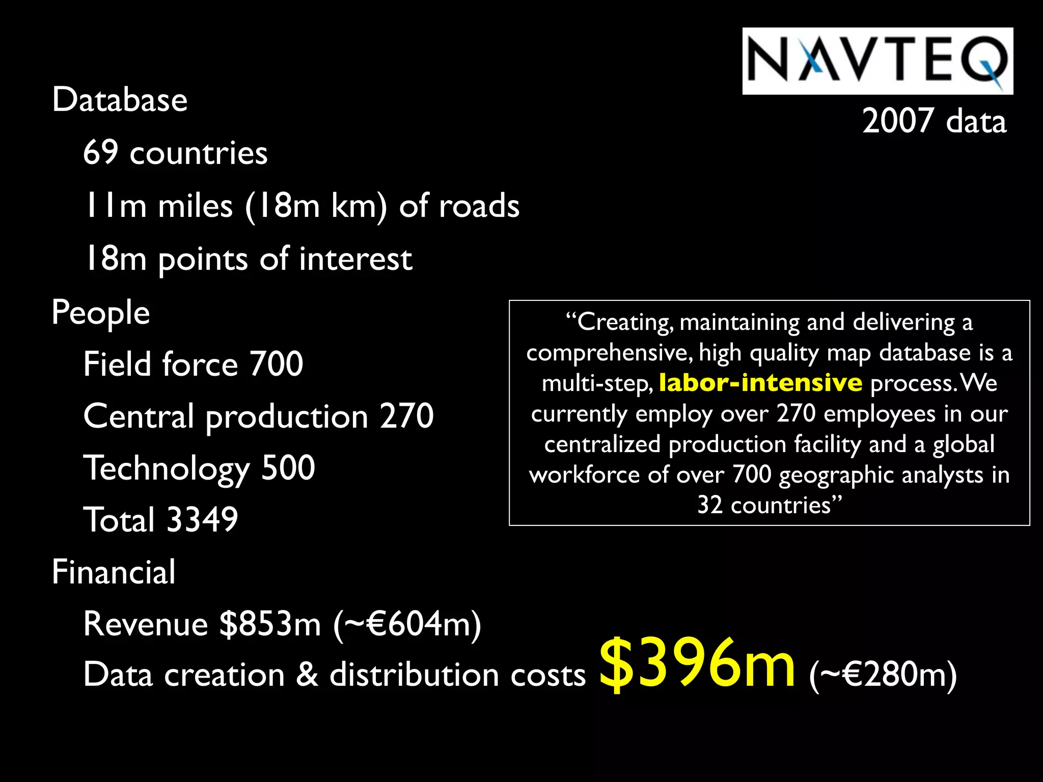 Database
                                                                2007 data
  69 countries
  11m miles (18m km) of roads
  18m points of interest
People                             “Creating, maintaining and delivering a
                                comprehensive, high quality map database is a
  Field force 700                multi-step, labor-intensive process. We
  Central production 270        currently employ over 270 employees in our
                                 centralized production facility and a global
  Technology 500                workforce of over 700 geographic analysts in
                                                32 countries”
  Total 3349
Financial
  Revenue $853m (~€604m)
  Data creation & distribution costs       $396m          (~€280m)
 