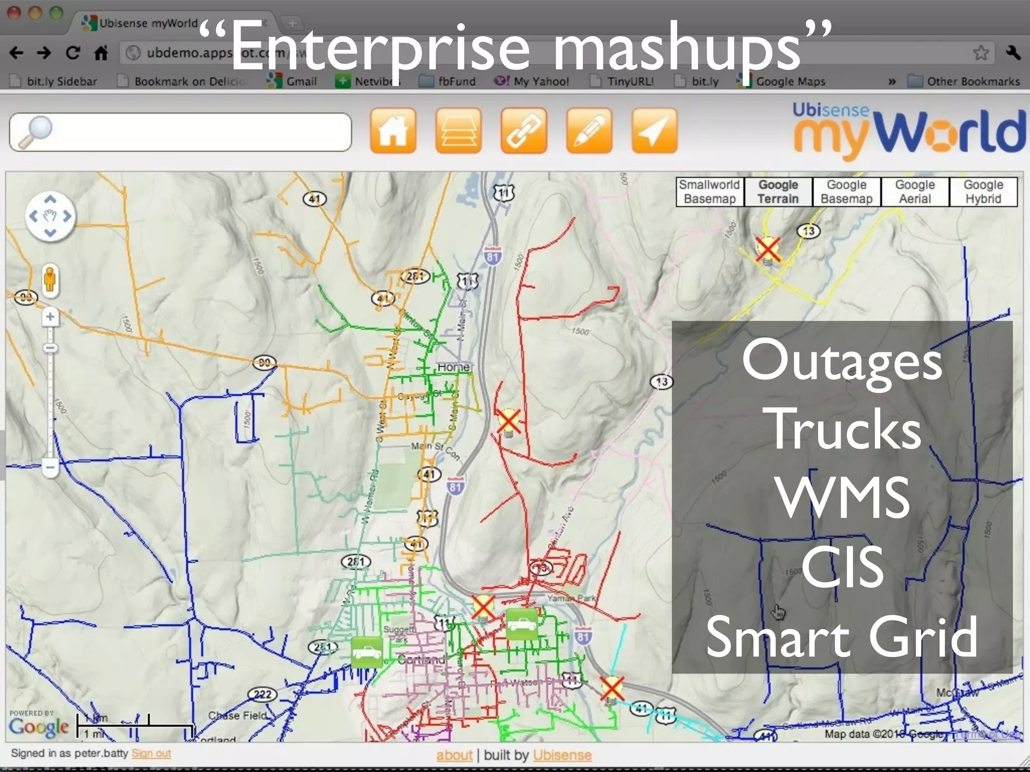 “Enterprise mashups”



                Outages
                 Trucks
                 WMS
                  CIS
               Smart Grid
 