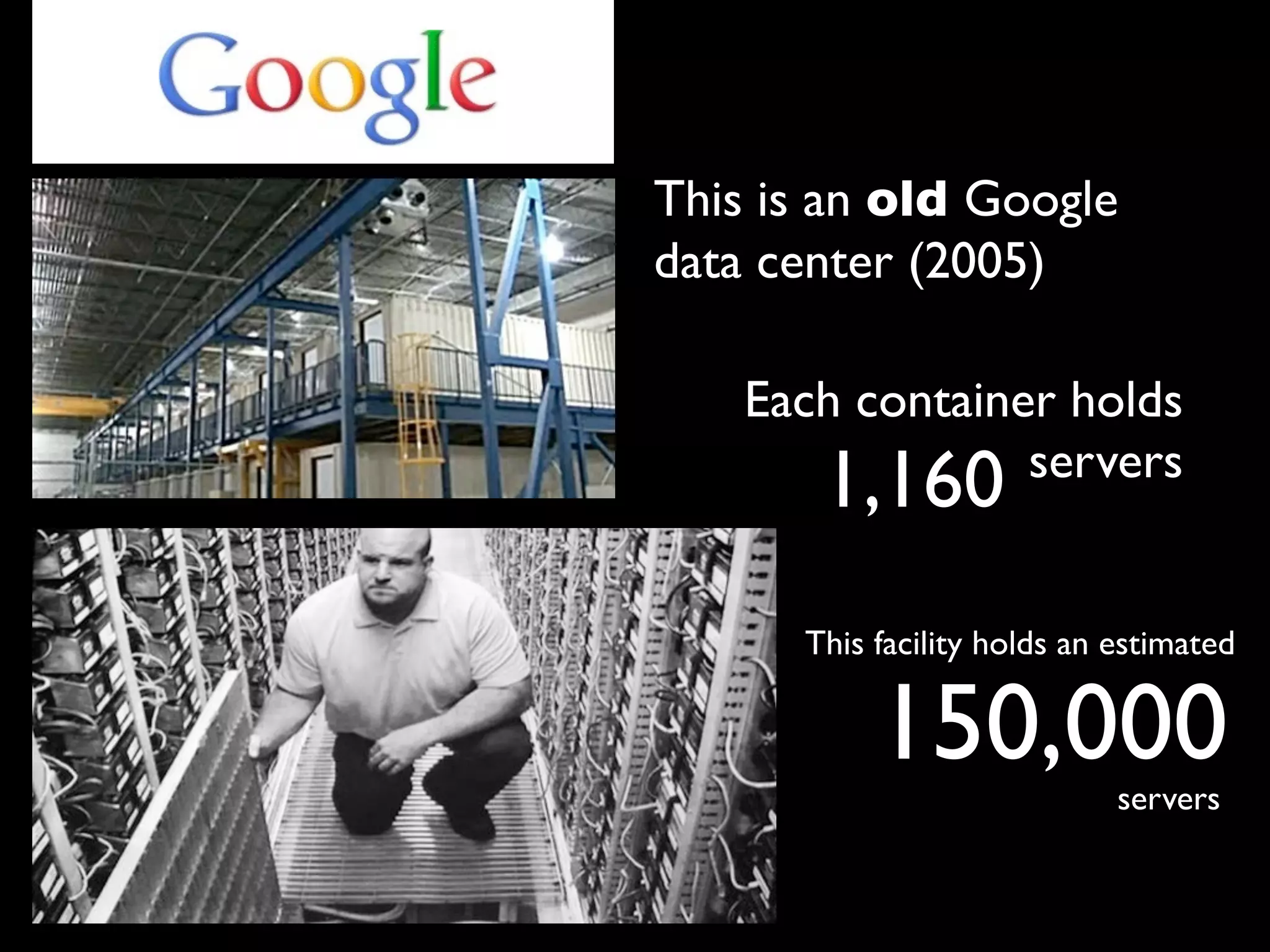 This is an old Google
data center (2005)

    Each container holds
                 servers
       1,160
      This facility holds an estimated


           150,000           servers
 