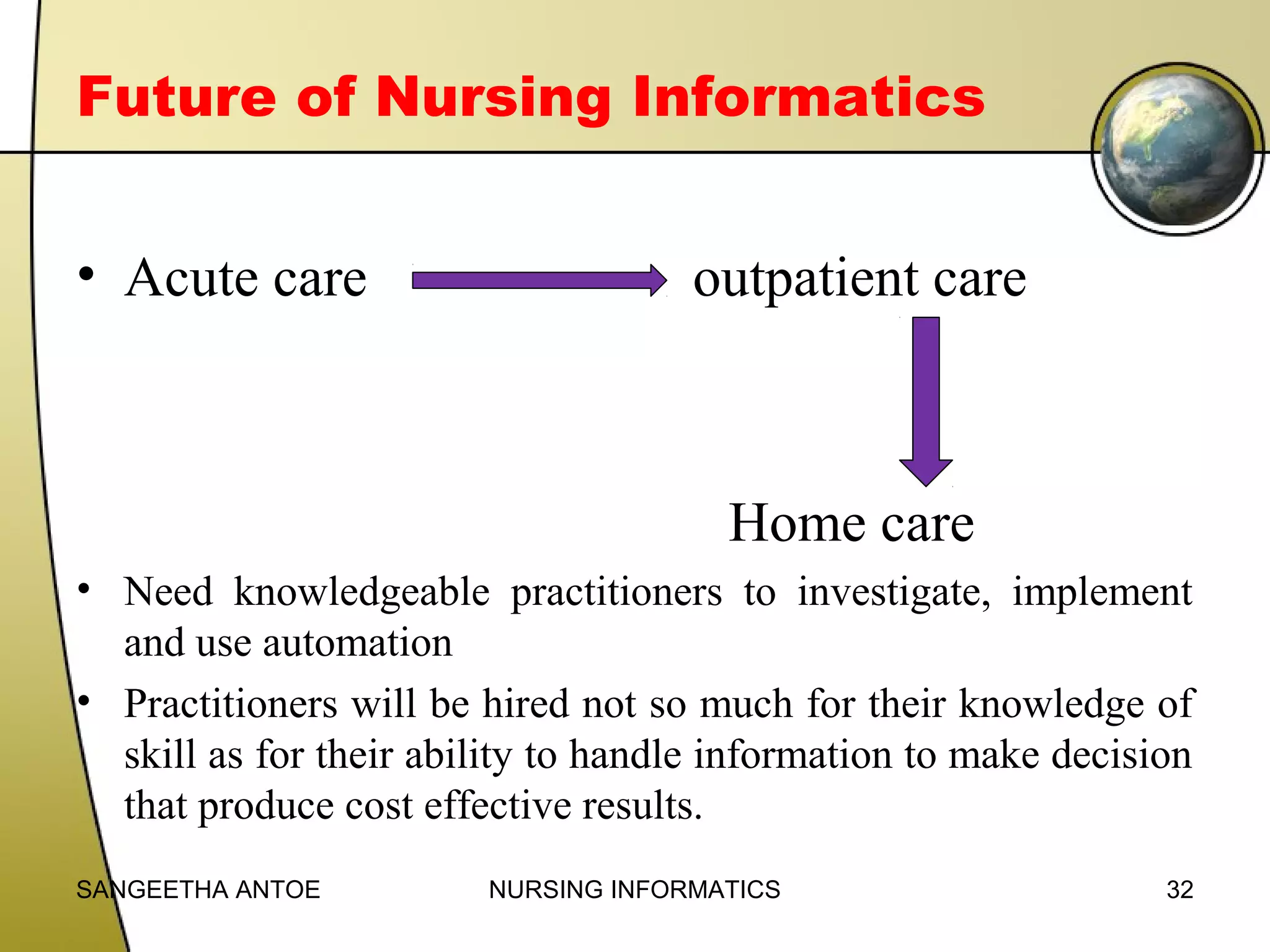 Future of Nursing Informatics
• Acute care

outpatient care

Home care
• Need knowledgeable practitioners to investigate, implement
and use automation
• Practitioners will be hired not so much for their knowledge of
skill as for their ability to handle information to make decision
that produce cost effective results.
SANGEETHA ANTOE

NURSING INFORMATICS

32

 