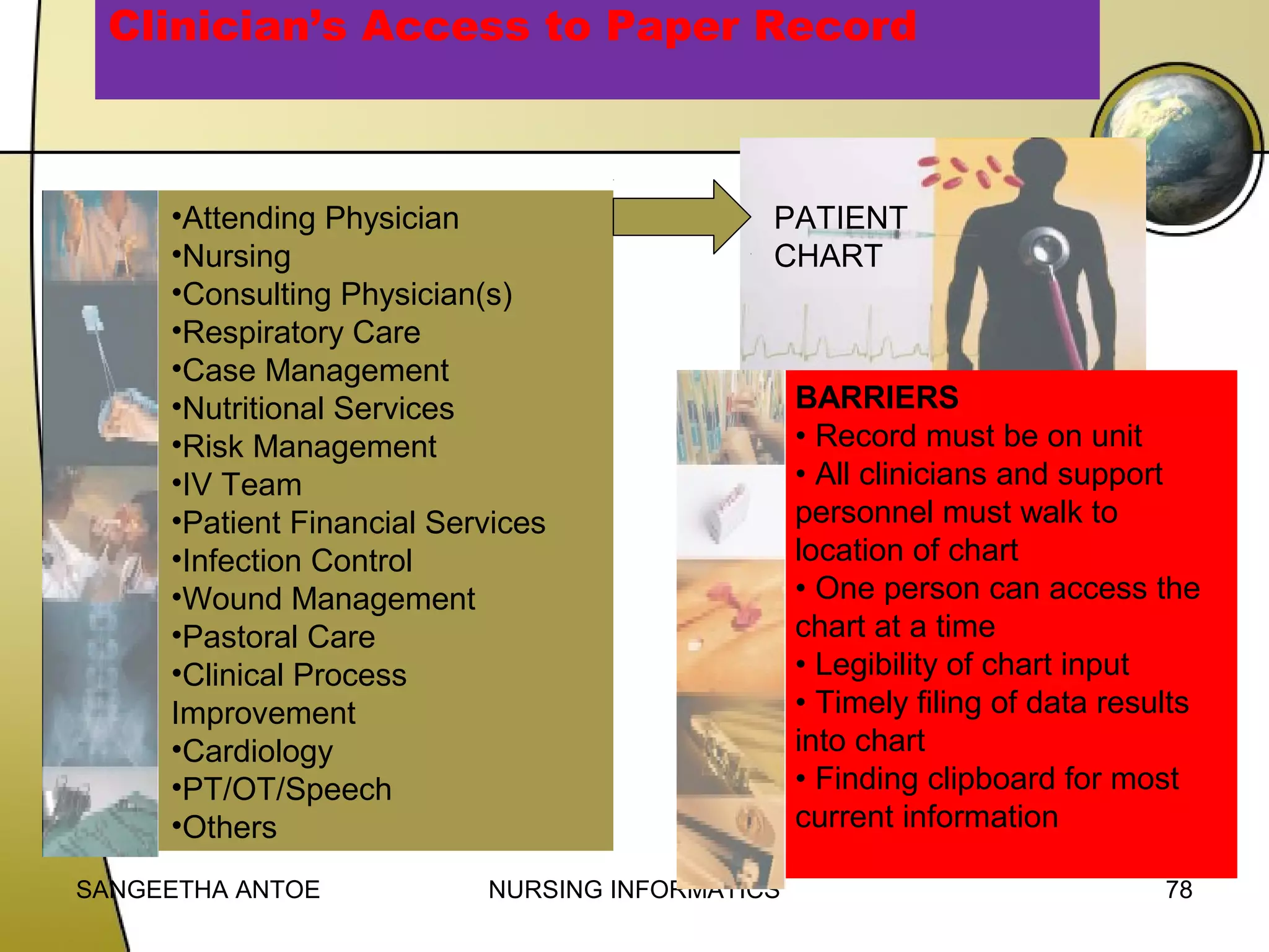 Clinician’s Access to Paper Record

•Attending Physician
•Nursing
•Consulting Physician(s)
•Respiratory Care
•Case Management
•Nutritional Services
•Risk Management
•IV Team
•Patient Financial Services
•Infection Control
•Wound Management
•Pastoral Care
•Clinical Process
Improvement
•Cardiology
•PT/OT/Speech
•Others
SANGEETHA ANTOE

PATIENT
CHART

NURSING INFORMATICS

BARRIERS
• Record must be on unit
• All clinicians and support
personnel must walk to
location of chart
• One person can access the
chart at a time
• Legibility of chart input
• Timely filing of data results
into chart
• Finding clipboard for most
current information
78

 