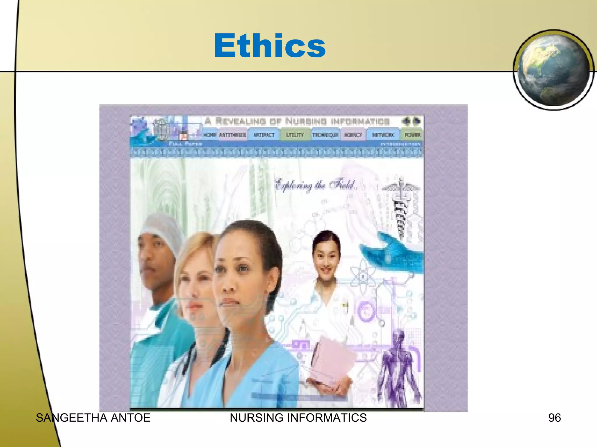 Ethics

SANGEETHA ANTOE

NURSING INFORMATICS

96

 