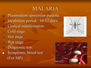MALARIA
 Plasmodium sporozoan parasite.
 Incubation period : 10-12 days
 Clinical manifestation:
1) Cold stage
2) Hot stage
3) Wet stage
 Diagnostic test:
 Symptoms, blood test
(For MP)
 
