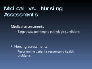 Medical vs. Nursing Assessments Medical assessments Target data pointing to pathologic conditions Nursing assessments Focus on the patient’s response to health problems 