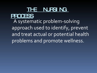 THE  NURSING  PROCESS A systematic problem-solving approach used to identify, prevent and treat actual or potential health problems and promote wellness. 