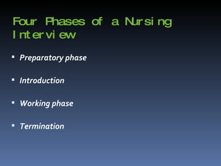 Four Phases of a Nursing Interview Preparatory phase  Introduction Working phase Termination 