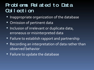Problems Related to Data Collection Inappropriate organization of the database Omission of pertinent data Inclusion of irrelevant or duplicate data, erroneous or misinterpreted data Failure to establish rapport and partnership Recording an interpretation of data rather than observed behavior Failure to update the database 