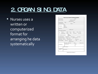 2.ORGANISING DATA Nurses uses a written or computerized format for arranging he data systematically 
