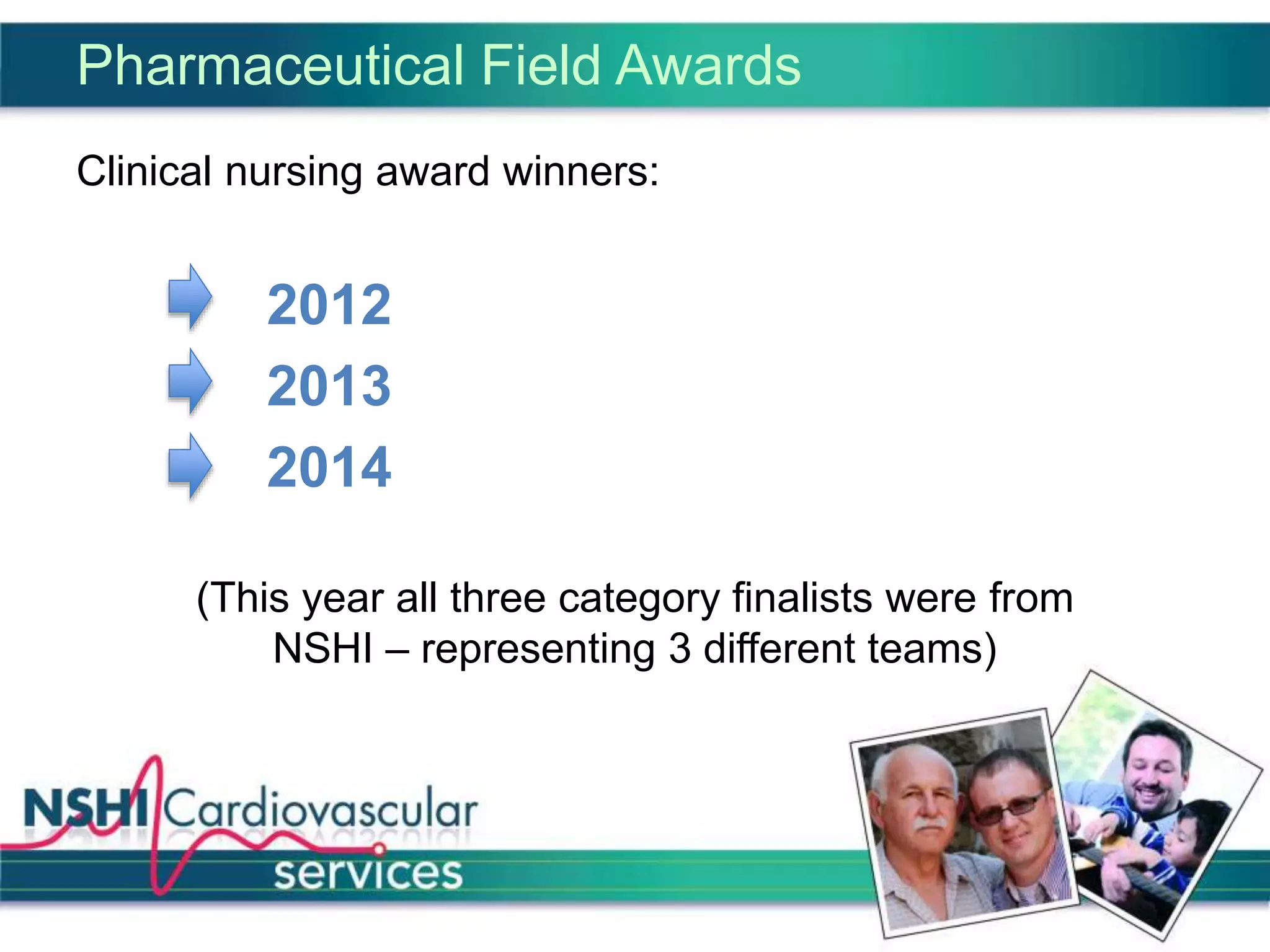Pharmaceutical Field Awards
Clinical nursing award winners:
2012
2013
2014
(This year all three category finalists were from
NSHI – representing 3 different teams)
 