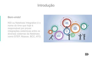 Introdução
NSI ou Netshoes Integration é o
nome do time que hoje é
responsável por prover
integrações sistemicas entre os
diversos sistemas da Netshoes
como STEP, Ábacos, BCC, ATG.
Bem-vindo!
0
1
 