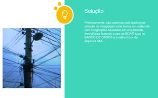 Primeiramente, não optamos pela tradicional
solução de integração onde temos um sistemão
com integrações baseadas em arquiteturas
monolíticas fazendo o uso de SOAP, tudo no
BANCO DE DADOS e a velha troca de
arquivos XML .
Solução
 