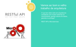 O que tem dado certo em arquiteturas
complexas com muitos sistemas se
comunicando, grande volume de dados,
garantia na entrega?
REST API e Microservices
Vamos ao bom e velho
trabalho de arquitetura
 