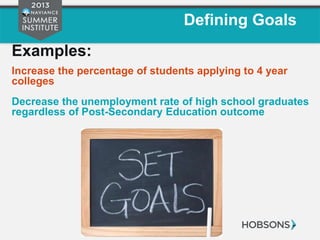 Defining Goals
Examples:
Increase the percentage of students applying to 4 year
colleges
Decrease the unemployment rate of high school graduates
regardless of Post-Secondary Education outcome
 