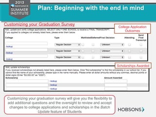 Plan: Beginning with the end in mind
College Application
Outcomes
Customizing your Graduation Survey
Customizing your graduation survey will give you the flexibility to
add additional questions and the oversight to review and accept
changes to college applications and scholarships in the Batch
Update feature of Students
Scholarships Awarded
 
