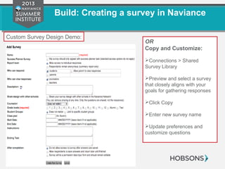 Build: Creating a survey in Naviance
OR
Copy and Customize:
Connections > Shared
Survey Library
Preview and select a survey
that closely aligns with your
goals for gathering responses
Click Copy
Enter new survey name
Update preferences and
customize questions
Custom Survey Design Demo:
 