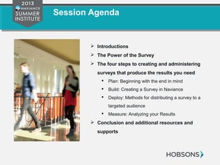 Session Agenda
 Introductions
 The Power of the Survey
 The four steps to creating and administering
surveys that produce the results you need
 Plan: Beginning with the end in mind
 Build: Creating a Survey in Naviance
 Deploy: Methods for distributing a survey to a
targeted audience
 Measure: Analyzing your Results
 Conclusion and additional resources and
supports
 