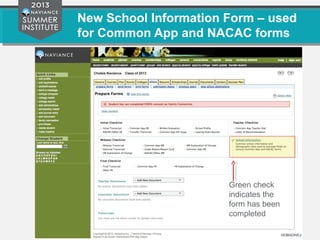 New School Information Form – used
for Common App and NACAC forms
Green check
indicates the
form has been
completed
 
