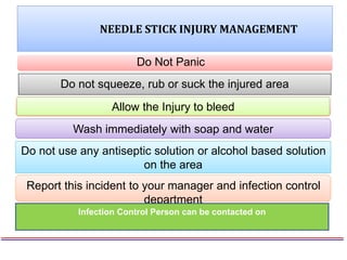 NEEDLE STICK INJURY MANAGEMENT
Do not squeeze, rub or suck the injured area
Do not use any antiseptic solution or alcohol based solution
on the area
Allow the Injury to bleed
Wash immediately with soap and water
Do Not Panic
Report this incident to your manager and infection control
department
Infection Control Person can be contacted on
 