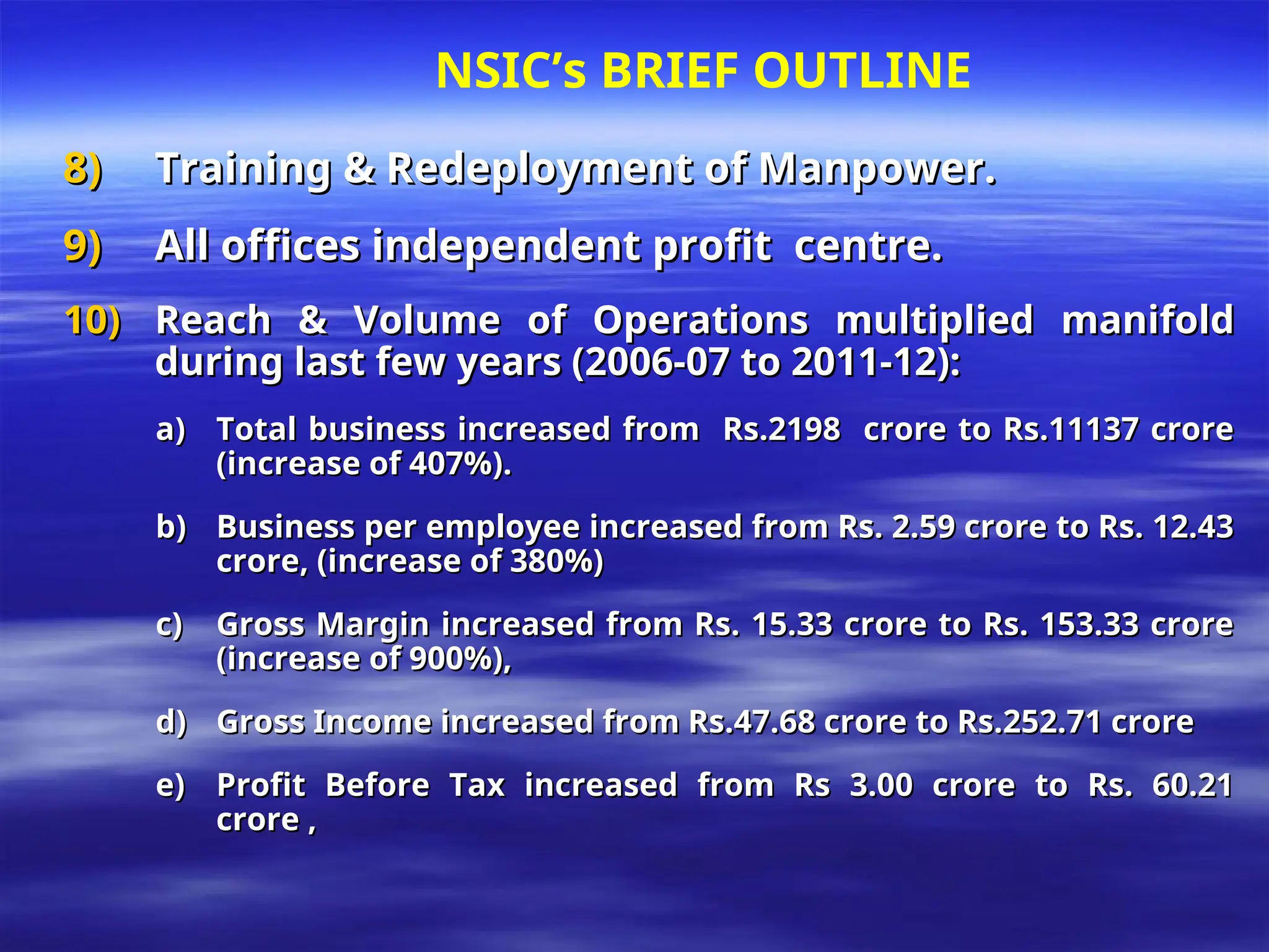 8)
8) Training & Redeployment of Manpower.
Training & Redeployment of Manpower.
9)
9) All offices independent profit centre.
All offices independent profit centre.
10)
10) Reach & Volume of Operations multiplied manifold
Reach & Volume of Operations multiplied manifold
during last few years (2006-07 to 2011-12):
during last few years (2006-07 to 2011-12):
a)
a) Total business increased from Rs.2198 crore to Rs.11137 crore
Total business increased from Rs.2198 crore to Rs.11137 crore
(increase of 407%).
(increase of 407%).
b)
b) Business per employee increased from Rs. 2.59 crore to Rs. 12.43
Business per employee increased from Rs. 2.59 crore to Rs. 12.43
crore, (increase of 380%)
crore, (increase of 380%)
c)
c) Gross Margin increased from Rs. 15.33 crore to Rs. 153.33 crore
Gross Margin increased from Rs. 15.33 crore to Rs. 153.33 crore
(increase of 900%),
(increase of 900%),
d)
d) Gross Income increased from Rs.47.68 crore to Rs.252.71 crore
Gross Income increased from Rs.47.68 crore to Rs.252.71 crore
e)
e) Profit Before Tax increased from Rs 3.00 crore to Rs. 60.21
Profit Before Tax increased from Rs 3.00 crore to Rs. 60.21
crore ,
crore ,
NSIC’s BRIEF OUTLINE
 