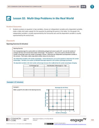 Lesson 32: Multi-Step Problems in the Real World
Date: 5/16/14 338
© 2013 Common Core, Inc. Some rights reserved. commoncore.org
This work is licensed under a
Creative Commons Attribution-NonCommercial-ShareAlike 3.0 Unported License.
NYS COMMON CORE MATHEMATICS CURRICULUM 6•4Lesson 32
𝟒𝟖
𝟒𝟎
𝟑𝟐
𝟐𝟒
𝟏𝟔
𝟖
Number of Packages
Beverages for the Party
𝟎 𝟏 𝟐 𝟑 𝟒 𝟓 𝟔
TotalNumberofBeverages
Lesson 32: Multi-Step Problems in the Real World
Student Outcomes
 Students analyze an equation in two variables, choose an independent variable and a dependent variable,
make a table and make a graph for the equation by plotting the points in the table. For the graph, the
independent variable is usually represented by the horizontal axis and the dependent variable is usually
represented by the vertical axis.
Classwork
Opening Exercise (5 minutes)
Opening Exercise
Xin is buying beverages for a party which are individually packaged and come in packs of 𝟖. Let 𝒑 be the number of
packages Xin buys and 𝒕 be the total number of beverages. The equation 𝒕 = 𝟖𝒑 can be used to calculate the total
number of beverages when the number of packages is known. Determine the independent and dependent variable in
this scenario. Then make a table using whole number values of 𝒑 less than 𝟔.
The independent variable is the number of packages. I know this because I can use the equation to determine the number
of beverages. Therefore, the number of individual beverages depends on the number of packages purchased.
The dependent variable is the total number of beverages because this is affected by the number of packages changing.
# of Packages (𝒑) Total Number of Beverages (𝒕 = 𝟖𝒑)
𝟎 𝟎
𝟏 𝟖
𝟐 𝟏𝟔
𝟑 𝟐𝟒
𝟒 𝟑𝟐
𝟓 𝟒𝟎
Example 1 (7 minutes)
Example 1
Make a graph for the table in the Opening Exercise.
 
