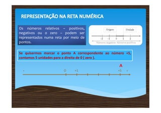 Os números relativos – positivos,
negativos ou o zero – podem ser
representados numa reta por meio de
pontos.

Se quisermos marcar o ponto A correspondente ao número +5,
contamos 5 unidades para a direita de 0 ( zero ).

                                                   A
  -                    O     +1                    +5   +
 