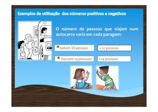 O número de pessoas que viajam num
autocarro varia em cada paragem:

•Sobem 10 pessoas:    + 10 pessoas

•Descem 14 pessoas:   - 14 pessoas
 