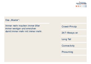 Das „Muster“:
Immer mehr machen immer öfter
immer weniger und erreichen
damit immer mehr mit immer mehr.
Crowd-Prinzip
24/7-Always on
Long Tail
Connectivity
Prosuming
 
