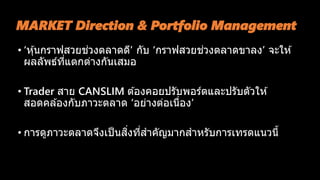 MARKET Direction & Portfolio Management
• ‘หุ้นกราฟสวยช่วงตลาดดี’ กับ ‘กราฟสวยช่วงตลาดขาลง’ จะให ้
ผลลัพธ์ที่แตกต่างกันเสมอ
• Trader สาย CANSLIM ต ้องคอยปรับพอร์ตและปรับตัวให ้
สอดคล ้องกับภาวะตลาด ‘อย่างต่อเนื่อง’
• การดูภาวะตลาดจึงเป็นสิ่งที่สาคัญมากสาหรับการเทรดแนวนี้
 