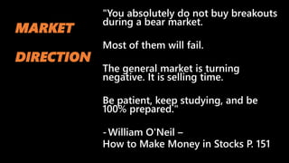 MARKET
DIRECTION
"You absolutely do not buy breakouts
during a bear market.
Most of them will fail.
The general market is turning
negative. It is selling time.
Be patient, keep studying, and be
100% prepared."
-William O'Neil –
How to Make Money in Stocks P. 151
 