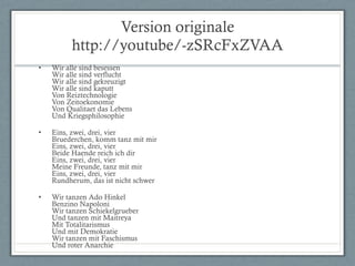Version originale http://youtube/-zSRcFxZVAA Wir alle sind besessen Wir alle sind verflucht Wir alle sind gekreuzigt Wir alle sind kaputt Von Reiztechnologie Von Zeitoekonomie Von Qualitaet das Lebens Und Kriegsphilosophie Eins, zwei, drei, vier Bruederchen, komm tanz mit mir Eins, zwei, drei, vier Beide Haende reich ich dir Eins, zwei, drei, vier Meine Freunde, tanz mit mir Eins, zwei, drei, vier Rundherum, das ist nicht schwer Wir tanzen Ado Hinkel Benzino Napoloni Wir tanzen Schiekelgrueber Und tanzen mit Maitreya Mit Totalitarismus Und mit Demokratie Wir tanzen mit Faschismus Und roter Anarchie 