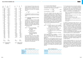 A 26 A 27
If the bearing load P and speed n are
known, determine a fatigue life factor fh
appropriate for the projected life of the
machine and then calculate the basic
load rating C by means of the following
equation.
C =
fh ⋅ P
fn
.......................(5.3)
A bearing which satisfies this value of
C should then be selected from the bearing
tables.
5.2.4 Temperature Adjustment for Basic
Load Rating
If rolling bearings are used at high
temperature, the hardness of the bearing
steel decreases. Consequently, the basic
load rating, which depends on the physical
properties of the material, also decreases.
Therefore, the basic load rating should be
adjusted for the higher temperature using
the following equation:
Ct = ft ⋅ C .......................(5.4)
where Ct : Basic load rating after
temperature correction
(N), {kgf}
ft : Temperature factor
(See Table 5.3.)
C : Basic load rating before
temperature adjustment
(N), {kgf}
If large bearings are used at higher
than 120o
C, they must be given special
dimensional stability heat treatment to
prevent excessive dimensional changes.
The basic load rating of bearings given such
special dimensional stability heat treatment
may become lower than the basic load
rating listed in the bearing tables.
5.2.5 Correction of Basic Rating Life
As described previously, the basic equations for
calculating the basic rating life are as follows:
For ball bearings L10 = (C
P )
3
.................(5.5)
For roller bearings L10 = (C
P )
10
3
...............(5.6)
The L10 life is defined as the basic rating life with
a statistical reliability of 90%. Depending on the
machines in which the bearings are used, sometimes a
reliability higher than 90% may be required. However,
recent improvements in bearing material have greatly
extended the fatigue life. In addition, the developent of
the Elasto-Hydrodynamic Theory of Lubrication proves
that the thickness of the lubricating film in the contact
zone between rings and rolling elements greatly
influences bearing life. To reflect such improvements
in the calculation of fatigue life, the basic rating life is
adjusted using the following adjustment factors:
Lna = a1 a2 a3 L10 ...........................(5.7)
where Lna : Adjusted rating life in which reliability,
material improvements, lubricating
conditions, etc. are considered
L10 : Basic rating life with a reliability of 90%
a1 : Life adjustment factor for reliability
a2 : Life adjustment factor for special bearing
properties
a3 : Life adjustment factor for operating
conditions
The life adjustment factor for reliability, a1, is listed in
Table 5.4 for reliabilities higher than 90%.
The life adjustment factor for special bearing
properties, a2, is used to reflect improvements in
bearing steel.
NSK now uses vacuum degassed bearing steel, and
the results of tests by NSK show that life is greatly
improved when compared with earlier materials. The
basic load ratings Cr and Ca listed in the bearing tables
were calculated considering the extended life achieved
by improvements in materials and manufacturing
techniques. Consequently, when estimating life using
Equation (5.7), it is sufficient to assume that is greater
than one.
The life adjustment factor for operating conditions
a3 is used to adjust for various factors, particularly
lubrication. If there is no misalignment between
the inner and outer rings and the thickness of the
lubricating film in the contact zones of the bearing is
sufficient, it is possible for a3 to be greater than one;
however, a3 is less than one in the following cases:
• When the viscosity of the lubricant in the
contact zones between the raceways and rolling
elements is low.
• When the circumferential speed of the rolling
elements is very slow.
• When the bearing temperature is high.
• When the lubricant is contaminated by water or
foreign matter.
• When misalignment of the inner and outer rings
is excessive.
It is difficult to determine the proper value for a3 for
specific operating conditions because there are still
many unknowns. Since the special bearing property
factor a2 is also influenced by the operating conditions,
there is a proposal to combine a2 and a3 into one
quantity(a2×a3), and not consider them independently.
In this case, under normal lubricating and operating
conditions, the product (a2×a3) should be assumed
equal to one. However, if the viscosity of the lubricant
is too low, the value drops to as low as 0.2.
If there is no misalignment and a lubricant with high
viscosity is used so sufficient fluid-film thickness is
secured, the product of (a2×a3) may be about two.
When selecting a bearing based on the basic load
rating, it is best to choose an a1 reliability factor
appropriate for the projected use and an empirically
determined C/P or fh value derived from past results
for lubrication, temperature, mounting conditions, etc.
in similar machines.
The basic rating life equations (5.1), (5.2), (5.5), and
(5.6) give satisfactory results for a broad range of
bearing loads. However, extra heavy loads may cause
detrimental plastic deformation at ball/raceway contact
points. When Pr exceeds C0r (Basic static load rating)
or 0.5 Cr, whichever is smaller, for radial bearings or
Pa exceeds 0.5 Ca for thrust bearings, please consult
NSK to establish the applicablity of the rating fatigue
life equations.
SELECTION OF BEARING SIZE
Fig. 5.3 Bearing Speed and
Speed Factor
Fig. 5.4 Fatigue Life Factor
and Fatigue Life
Bearing
Temperature o
C
125 150 175 200 250
1.00 1.00 0.95 0.90 0.75
Temperature
Factor ft
Table 5.3 Temperature Factor ft
Reliability (%) 90 95 96 97 98 99
1.00 0.62 0.53 0.44 0.33 0.21a1
Table 5.4 Reliability Factor a1
60000 0.08
0.09
0.1
0.12
0.14
0.16
0.18
0.20
0.25
0.3
0.4
0.5
0.6
0.7
0.8
0.9
1.0
1.1
1.2
1.3
1.4
1.5
40000
30000
20000
15000
10000
8000
6000
4000
3000
2000
1500
1000
800
600
400
300
200
150
100
80
60
50
40
30
20
15
10
60000 0.105
0.11
0.12
0.13
0.14
0.15
0.16
0.17
0.18
0.19
0.20
0.25
0.30
0.35
0.40
0.45
0.5
0.6
0.7
0.8
0.9
1.0
1.1
1.2
1.3
1.4
40000
30000
20000
15000
10000
8000
6000
4000
3000
2000
1500
1000
800
600
400
300
200
150
100
80
60
50
40
30
20
15
10
80000
60000
40000
30000
20000
15000
10000
8000
6000
4000
3000
2000
1500
1000
800
600
500
400
300
200
5.5
5.0
4.5
4.0
3.5
3.0
2.5
2.0
1.9
1.8
1.7
1.6
1.5
1.4
1.3
1.2
1.1
1.0
0.95
0.90
0.85
0.80
0.75
80000
60000
40000
30000
20000
15000
10000
8000
6000
4000
3000
2000
1500
1000
800
600
500
400
300
200
4.5
4.0
3.5
3.0
2.5
2.0
1.9
1.8
1.7
1.6
1.5
1.4
1.3
1.2
1.1
1.0
0.95
0.90
0.85
0.80
0.75
n fn fn fhLh
(min–1
)
n
(min–1
) (h)
fhLh
(h)
Ball
Bearings
Roller
Bearings
Ball
Bearings
Roller
Bearings
A024-057E.indd 26-27A024-057E.indd 26-27 11/20/13 4:50:12 PM11/20/13 4:50:12 PM
 