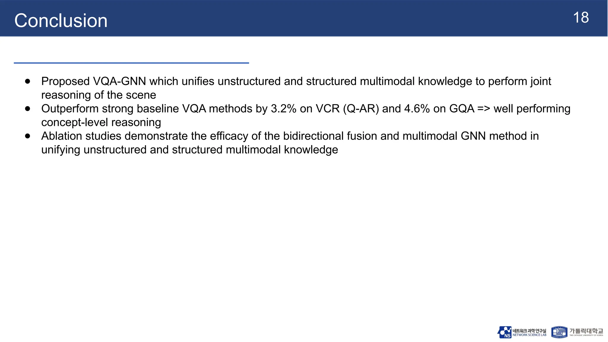 18
Conclusion
● Proposed VQA-GNN which unifies unstructured and structured multimodal knowledge to perform joint
reasoning of the scene
● Outperform strong baseline VQA methods by 3.2% on VCR (Q-AR) and 4.6% on GQA => well performing
concept-level reasoning
● Ablation studies demonstrate the efficacy of the bidirectional fusion and multimodal GNN method in
unifying unstructured and structured multimodal knowledge
 