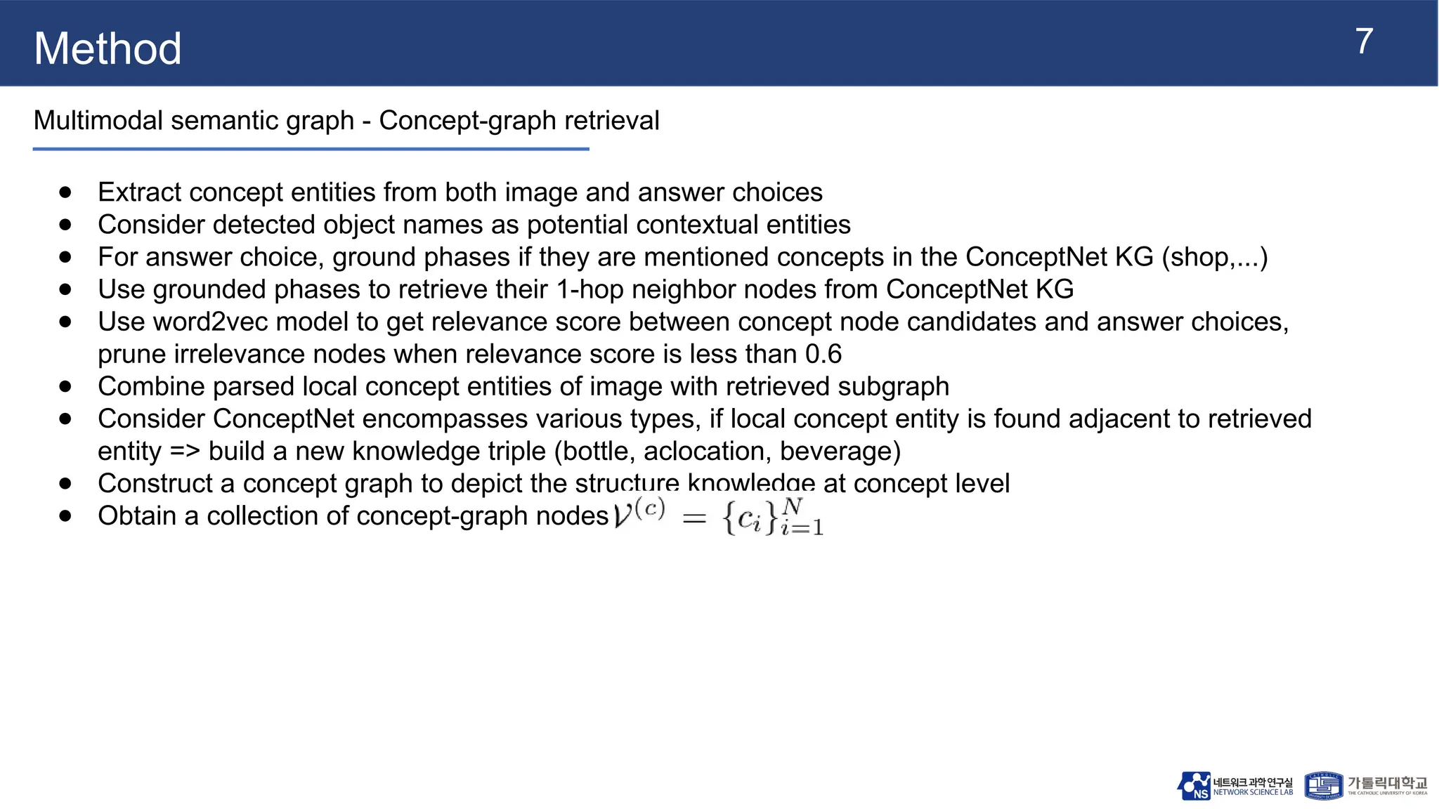 7
Method
Multimodal semantic graph - Concept-graph retrieval
● Extract concept entities from both image and answer choices
● Consider detected object names as potential contextual entities
● For answer choice, ground phases if they are mentioned concepts in the ConceptNet KG (shop,...)
● Use grounded phases to retrieve their 1-hop neighbor nodes from ConceptNet KG
● Use word2vec model to get relevance score between concept node candidates and answer choices,
prune irrelevance nodes when relevance score is less than 0.6
● Combine parsed local concept entities of image with retrieved subgraph
● Consider ConceptNet encompasses various types, if local concept entity is found adjacent to retrieved
entity => build a new knowledge triple (bottle, aclocation, beverage)
● Construct a concept graph to depict the structure knowledge at concept level
● Obtain a collection of concept-graph nodes
 