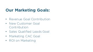 Our Marketing Goals:
•  Revenue Goal Contribution
•  New Customer Goal
Contribution
•  Sales Qualiﬁed Leads Goal
•  Marketing CAC Goal
•  ROI on Marketing
 