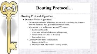 Introduction to routing protocol 23
Routing Protocol…
• Routing Protocol Algorithm…
• Distance Vector Algorithm:
• Each router maintains a Distance Vector table containing the distance
between itself and ALL possible destination nodes.
• Information kept by Distance Vector(DV) router:
• Each router has an ID
• Associated with each link connected to a router,
• there is a link cost (static or dynamic).
• Intermediate hops
• Distance Vector Table Initialization:
• Distance to itself = 0
• Distance to ALL other routers = infinity number.
 
