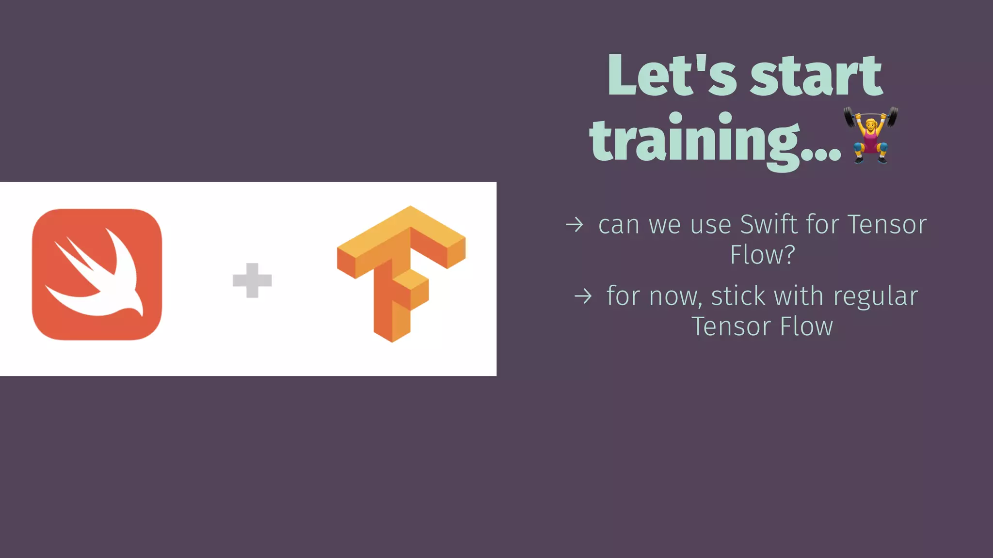 Let's start
training...
→ can we use Swift for Tensor
Flow?
→ for now, stick with regular
Tensor Flow
 