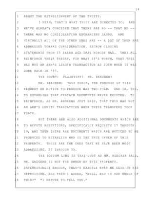 14
1 ABOUT THE ESTABLISHMENT OF THE TRUSTS.
2 I MEAN, THAT'S WHAT THOSE ARE DIRECTED TO. AND
3 WE'VE ALREADY CONCEDED THAT THERE ARE NO -- THAT NO --
4 THERE WAS NO CONSIDERATION EXCHANGING HANDS. AND
5 VIRTUALLY ALL OF THE OTHER ONES ARE -- A LOT OF THEM ARE
6 ADDRESSED TOWARD CONSIDERATION, ESCROW CLOSING
7 STATEMENTS FROM 15 YEARS AGO THAT NOBODY HAS. THEY ALL
8 REINFORCE THEIR THEORY, FOR WHAT IT'S WORTH, THAT THIS
9 WAS NOT AN ARM'S LENGTH TRANSACTION AS SUCH WHEN IT WAS
10 DONE BACK IN '97.
11 THE COURT: PLAINTIFF? MR. BEECHEN?
12 MR. BEECHEN: YOUR HONOR, THE PURPOSE OF THIS
13 REQUEST OR NOTICE TO PRODUCE WAS TWO-FOLD. ONE IS, YES,
14 TO ESTABLISH THAT CERTAIN DOCUMENTS NEVER EXISTED. TO
15 REINFORCE, AS MR. ANDREWS JUST SAID, THAT THIS WAS NOT
16 AN ARM'S LENGTH TRANSACTION WHEN THESE TRANSFERS TOOK
17 PLACE.
18 BUT THERE ARE ALSO ADDITIONAL DOCUMENTS WHICH ARE
19 TO REFUTE ASSERTIONS, SPECIFICALLY REQUESTS 17 THROUGH
20 19, AND THEN THERE ARE DOCUMENTS WHICH ARE NOTICED TO BE
21 PRODUCED TO ESTABLISH WHO IS THE TRUE OWNER OF THIS
22 PROPERTY. THOSE ARE THE ONES THAT WE HAVE BEEN MOST
23 ADDRESSING, 20 THROUGH 35.
24 THE BOTTOM LINE IS THAT JUST AS MR. BLECHER SAID,
25 MR. GAGGERO IS NOT THE OWNER OF THIS PROPERTY.
26 INTERESTINGLY ENOUGH, THAT'S EXACTLY WHAT HE SAID IN HIS
27 DEPOSITION, AND THEN I ASKED, "WELL, WHO IS THE OWNER OF
28 THIS?" "I REFUSE TO TELL YOU."
 
