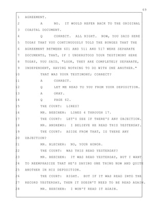 69
1 AGREEMENT.
2 A NO. IT WOULD REFER BACK TO THE ORIGINAL
3 COASTAL DOCUMENT.
4 Q CORRECT. ALL RIGHT. NOW, YOU SAID HERE
5 TODAY THAT YOU CONTINUOUSLY TOLD THE BUNGES THAT THE
6 AGREEMENT BETWEEN 601 AND 511 AND 517 WERE SEPARATE
7 DOCUMENTS, THAT, IF I UNDERSTOOD YOUR TESTIMONY HERE
8 TODAY, YOU SAID, "LOOK, THEY ARE COMPLETELY SEPARATE,
9 INDEPENDENT, HAVING NOTHING TO DO WITH ONE ANOTHER."
10 THAT WAS YOUR TESTIMONY; CORRECT?
11 A CORRECT.
12 Q LET ME READ TO YOU FROM YOUR DEPOSITION.
13 A OKAY.
14 Q PAGE 62.
15 THE COURT: LINES?
16 MR. BEECHEN: LINES 4 THROUGH 17.
17 THE COURT: LET'S SEE IF THERE'S ANY OBJECTION.
18 MR. ANDREWS: I BELIEVE HE READ THIS YESTERDAY.
19 THE COURT: ASIDE FROM THAT, IS THERE ANY
20 OBJECTION?
21 MR. BLECHER: NO, YOUR HONOR.
22 THE COURT: WAS THIS READ YESTERDAY?
23 MR. BEECHEN: IT WAS READ YESTERDAY, BUT I WANT
24 TO REEMPHASIZE THAT HE'S SAYING ONE THING NOW AND QUITE
25 ANOTHER IN HIS DEPOSITION.
26 THE COURT: RIGHT. BUT IF IT WAS READ INTO THE
27 RECORD YESTERDAY, THEN IT DOESN'T NEED TO BE READ AGAIN.
28 MR. BEECHEN: I WON'T READ IT AGAIN.
 