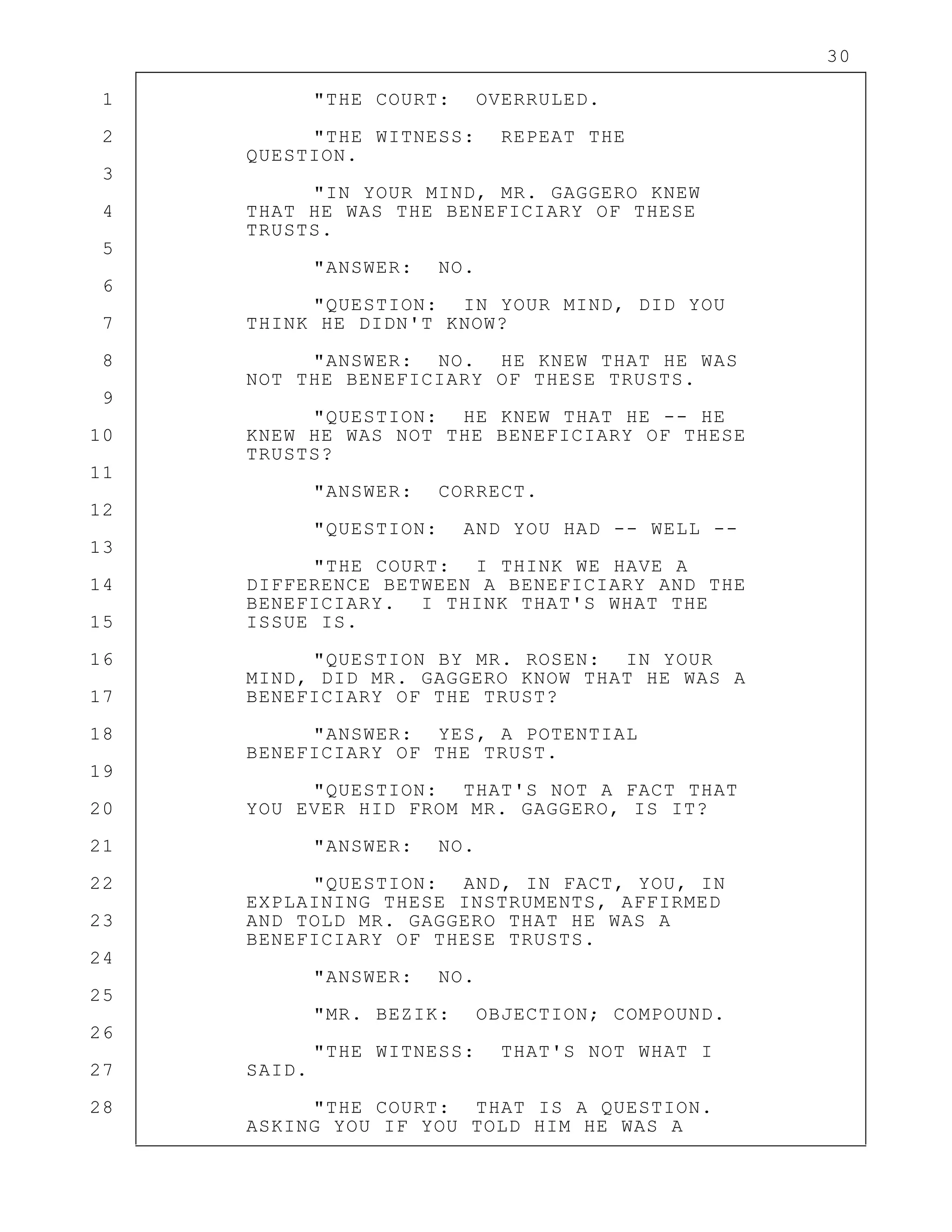 30
1 "THE COURT: OVERRULED.
2 "THE WITNESS: REPEAT THE
QUESTION.
3
"IN YOUR MIND, MR. GAGGERO KNEW
4 THAT HE WAS THE BENEFICIARY OF THESE
TRUSTS.
5
"ANSWER: NO.
6
"QUESTION: IN YOUR MIND, DID YOU
7 THINK HE DIDN'T KNOW?
8 "ANSWER: NO. HE KNEW THAT HE WAS
NOT THE BENEFICIARY OF THESE TRUSTS.
9
"QUESTION: HE KNEW THAT HE -- HE
10 KNEW HE WAS NOT THE BENEFICIARY OF THESE
TRUSTS?
11
"ANSWER: CORRECT.
12
"QUESTION: AND YOU HAD -- WELL --
13
"THE COURT: I THINK WE HAVE A
14 DIFFERENCE BETWEEN A BENEFICIARY AND THE
BENEFICIARY. I THINK THAT'S WHAT THE
15 ISSUE IS.
16 "QUESTION BY MR. ROSEN: IN YOUR
MIND, DID MR. GAGGERO KNOW THAT HE WAS A
17 BENEFICIARY OF THE TRUST?
18 "ANSWER: YES, A POTENTIAL
BENEFICIARY OF THE TRUST.
19
"QUESTION: THAT'S NOT A FACT THAT
20 YOU EVER HID FROM MR. GAGGERO, IS IT?
21 "ANSWER: NO.
22 "QUESTION: AND, IN FACT, YOU, IN
EXPLAINING THESE INSTRUMENTS, AFFIRMED
23 AND TOLD MR. GAGGERO THAT HE WAS A
BENEFICIARY OF THESE TRUSTS.
24
"ANSWER: NO.
25
"MR. BEZIK: OBJECTION; COMPOUND.
26
"THE WITNESS: THAT'S NOT WHAT I
27 SAID.
28 "THE COURT: THAT IS A QUESTION.
ASKING YOU IF YOU TOLD HIM HE WAS A
 