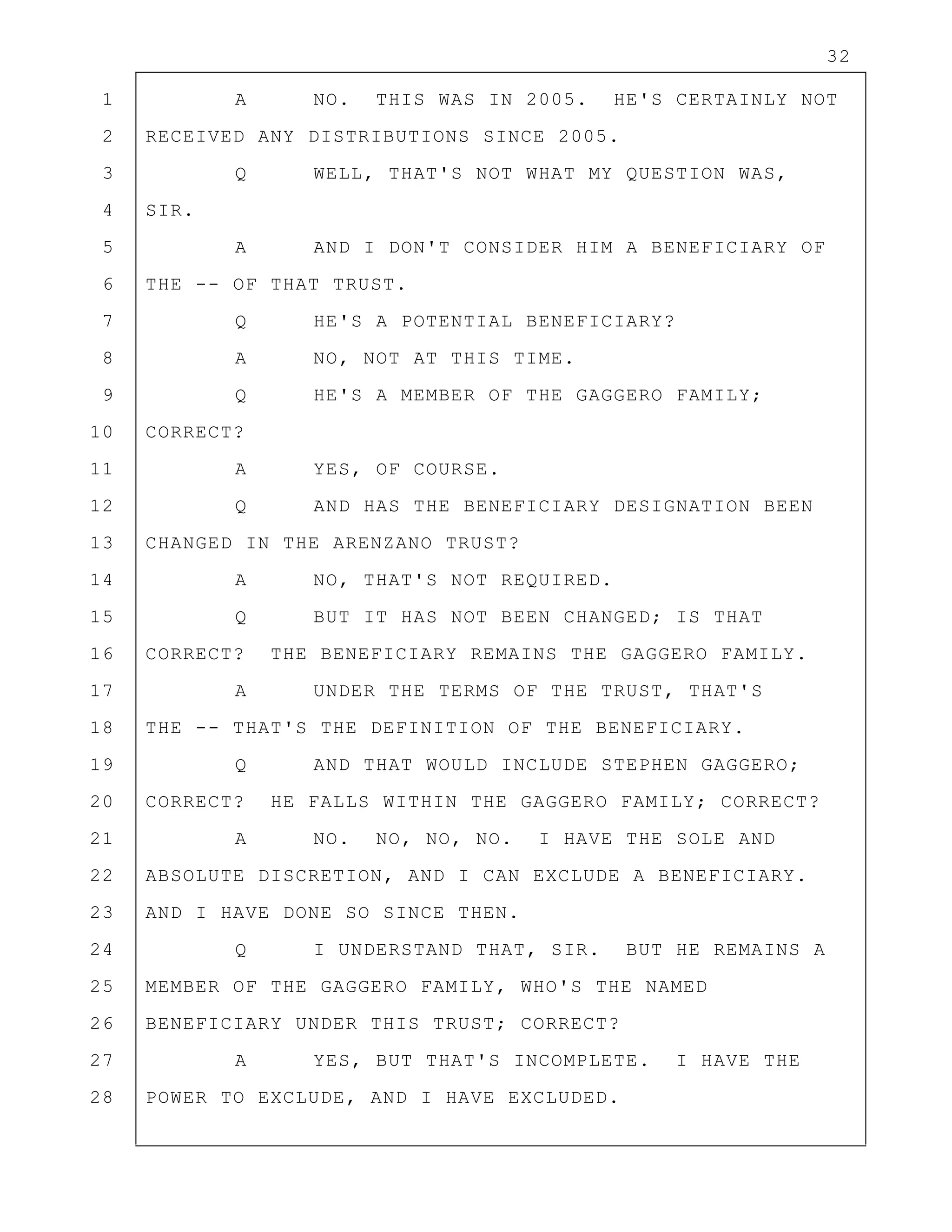 32
1 A NO. THIS WAS IN 2005. HE'S CERTAINLY NOT
2 RECEIVED ANY DISTRIBUTIONS SINCE 2005.
3 Q WELL, THAT'S NOT WHAT MY QUESTION WAS,
4 SIR.
5 A AND I DON'T CONSIDER HIM A BENEFICIARY OF
6 THE -- OF THAT TRUST.
7 Q HE'S A POTENTIAL BENEFICIARY?
8 A NO, NOT AT THIS TIME.
9 Q HE'S A MEMBER OF THE GAGGERO FAMILY;
10 CORRECT?
11 A YES, OF COURSE.
12 Q AND HAS THE BENEFICIARY DESIGNATION BEEN
13 CHANGED IN THE ARENZANO TRUST?
14 A NO, THAT'S NOT REQUIRED.
15 Q BUT IT HAS NOT BEEN CHANGED; IS THAT
16 CORRECT? THE BENEFICIARY REMAINS THE GAGGERO FAMILY.
17 A UNDER THE TERMS OF THE TRUST, THAT'S
18 THE -- THAT'S THE DEFINITION OF THE BENEFICIARY.
19 Q AND THAT WOULD INCLUDE STEPHEN GAGGERO;
20 CORRECT? HE FALLS WITHIN THE GAGGERO FAMILY; CORRECT?
21 A NO. NO, NO, NO. I HAVE THE SOLE AND
22 ABSOLUTE DISCRETION, AND I CAN EXCLUDE A BENEFICIARY.
23 AND I HAVE DONE SO SINCE THEN.
24 Q I UNDERSTAND THAT, SIR. BUT HE REMAINS A
25 MEMBER OF THE GAGGERO FAMILY, WHO'S THE NAMED
26 BENEFICIARY UNDER THIS TRUST; CORRECT?
27 A YES, BUT THAT'S INCOMPLETE. I HAVE THE
28 POWER TO EXCLUDE, AND I HAVE EXCLUDED.
 
