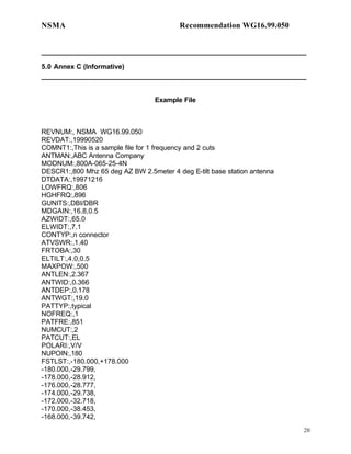 NSMA                                      Recommendation WG16.99.050


______________________________________________________________________

5.0 Annex C (Informative)
______________________________________________________________________


                                  Example File



REVNUM:, NSMA WG16.99.050
REVDAT:,19990520
COMNT1:,This is a sample file for 1 frequency and 2 cuts
ANTMAN:,ABC Antenna Company
MODNUM:,800A-065-25-4N
DESCR1:,800 Mhz 65 deg AZ BW 2.5meter 4 deg E-tilt base station antenna
DTDATA:,19971216
LOWFRQ:,806
HGHFRQ:,896
GUNITS:,DBI/DBR
MDGAIN:,16.8,0.5
AZWIDT:,65.0
ELWIDT:,7.1
CONTYP:,n connector
ATVSWR:,1.40
FRTOBA:,30
ELTILT:,4.0,0.5
MAXPOW:,500
ANTLEN:,2.367
ANTWID:,0.366
ANTDEP:,0.178
ANTWGT:,19.0
PATTYP:,typical
NOFREQ:,1
PATFRE:,851
NUMCUT:,2
PATCUT:,EL
POLARI:,V/V
NUPOIN:,180
FSTLST:,-180.000,+178.000
-180.000,-29.799,
-178.000,-28.912,
-176.000,-28.777,
-174.000,-29.738,
-172.000,-32.718,
-170.000,-38.453,
-168.000,-39.742,
                                                                          20
 